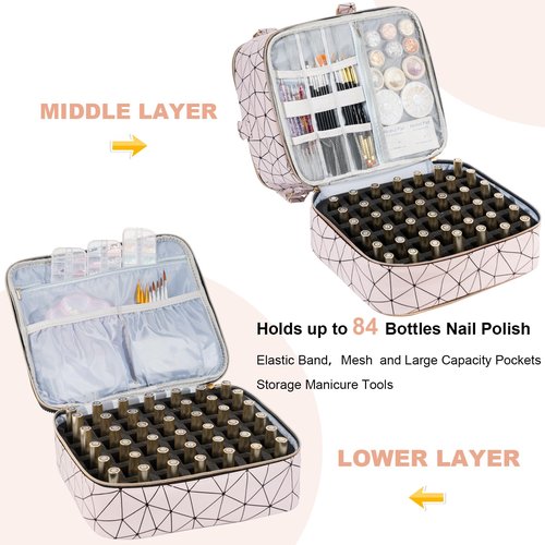 Uross Nail Polish Organizer Bag Holds 84 Bottles Nail Polish & Nail Lamp,Large Gel Nail Polish Organizers and Storage box for Nail Tech, Nail Kit Supplies Organizer Case-Lightpink