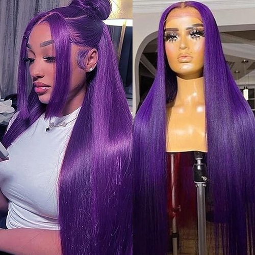 Lezaxiu Purple Synthetic Hair Wigs Long Straight Hair Natural Dark Purple Color Wig Heat Resistant Fiber Hair Wigs for Fashion Women