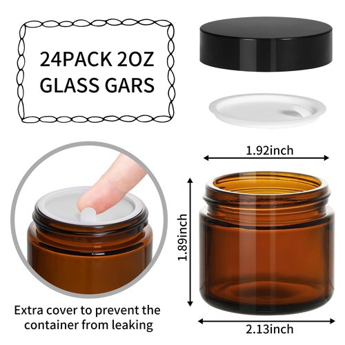 KEYWING 2 oz Amber Glass Jars with Black Lids, 24 Pack Small Cosmetic Jars, Round Empty Sample Container with Inner Liners for Lotions, Cream, Powders and Ointments