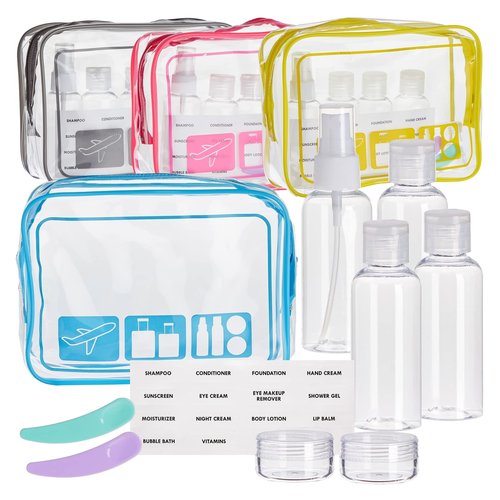 Okuna Outpost Clear Toiletry Bag Set - TSA Approved Bottles - Leak Proof Travel Containers - Versatile Packing Cubes & Travel Organizer - Grey, Yellow, Blue, Red - Pack of 4-7.5 x 2.5 x 5.5 in