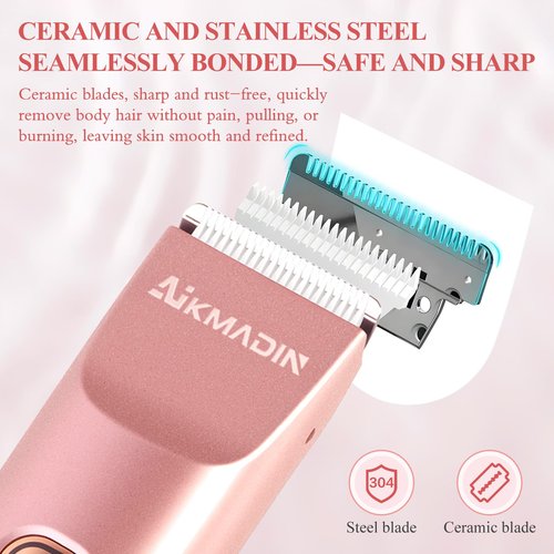 Bikini Trimmer for Women, 2-in-1 Electric Razor & Shaver with IPX7 Waterproof, Low-Noise Painless Design, Wet & Dry Hair Remover for Face, Body & Intimate Areas, 60 Mins Cordless Runtime