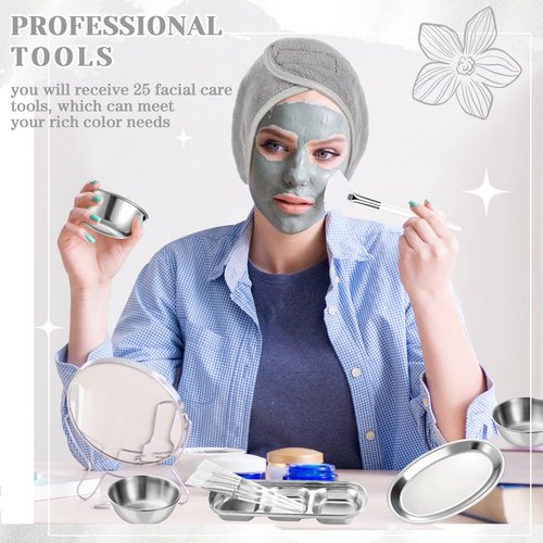 LemonRoad 25 Pcs Esthetician Facial Supplies Set, 3 Stainless Steel Mixing Bowls, 2 Serving Trays, 6 Brushes, 2 Hairbands, 12 Compressed Sponges for Women Facial Mask Spa Home Use (Silver)
