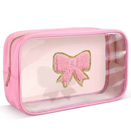 Kacctyen Pink Bow Clear Makeup Bag Coquette Pink Bow Travel Toiletry Preppy Cosmetic Bag Travel Organizer Trendy Portable Gift for Women Girlfriend Bridesmaid Birthday Mothers Day