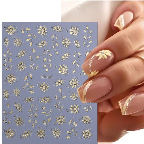 6 Sheets Floral Nail Art Stickers, Spring Leaf Nail Decals, 3D Self-Adhesive Nail Decoration Supplies for Daily Festival DIY Pink White Silver Black Gold Manicure Stickers