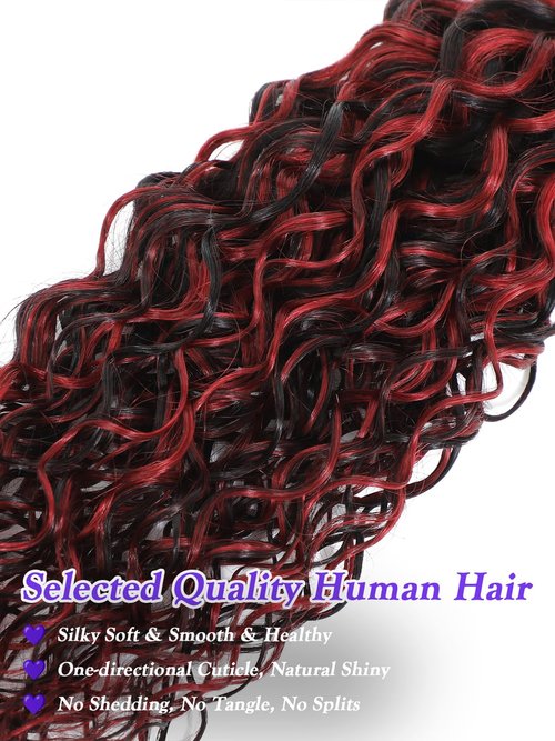 Water Wave 1B/Burgundy Red Human Hair Bundles 12 Inch, Wet and Wavy Ombre Burgundy Highlight Skunk Stripe Red Curly Bundles, Balayage Bundles Sew In Weave 12A 100% Brazilian Raw Virgin Hair, Single