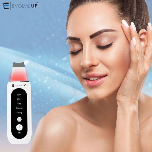 EVOLVE UP Facial Skin Scrubber - Face Cleansing Spatula, Blackhead Remover, Facial Pore Extractor - Portable & Ergonomic Design for Deep Cleansing - 5 in 1 Skincare with Red & Blue Light Stimulation