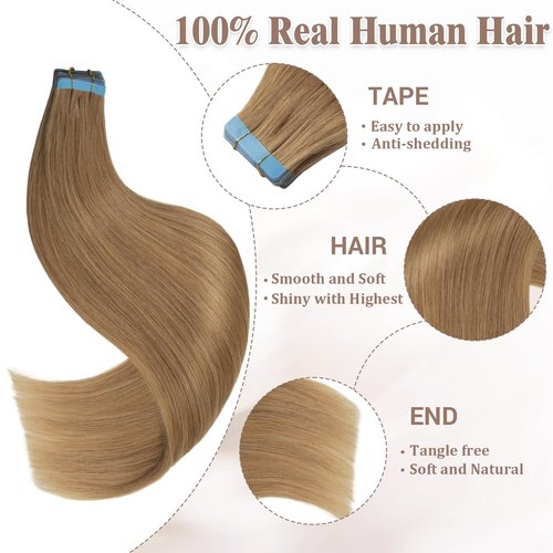 Lveyan 100% Human Hair Tape in Hair Extensions Invisible PU Seamless Skin Weft 16 Inch 50g/pack 20pcs Caramel Blonde Tape in Remy Human Hair Silky Straight Hair Extensions (#27, 16 Inch)