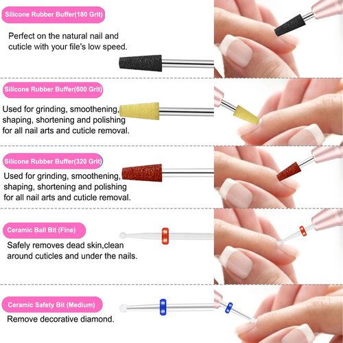 Cellentool 30Pcs Nail Drill Bits Set with Rhinestone Storage Box, 3/32 Inch Ceramic Diamond Carbide Nail Drill Bits for Acrylic Gel Polish, Cuticle Efile Remover for Manicure (Pink)
