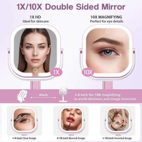 Unbednigt Makeup Mirror with Lights, 1X/10X Magnifying Vanity Mirror with Rechargeable 3 Color Lights, 360° Rotation 2-Sided Height Adjustable Brightness Cosmetic Lighted Magnified Mirror Tweezer