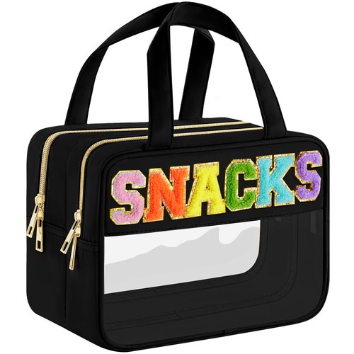 Chenille Letter Clear Makeup Bag, Preppy Clear Snack Bags with Zipper, Stuff Bag Waterproof Sunscreen Bag Travel Toiletry Bag Cosmetic Pouch for Women and Girls (Snacks, Plus Size)
