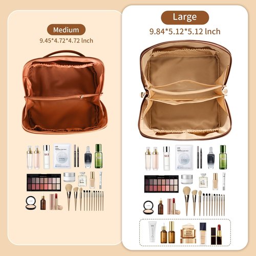 zaleeta Travel Makeup Bag, Large Capacity Cosmetic Organizer Bags for Women, Waterproof PU Leather Toiletry Bags, Wide Open Flat Makeup Case with Divider and Handle
