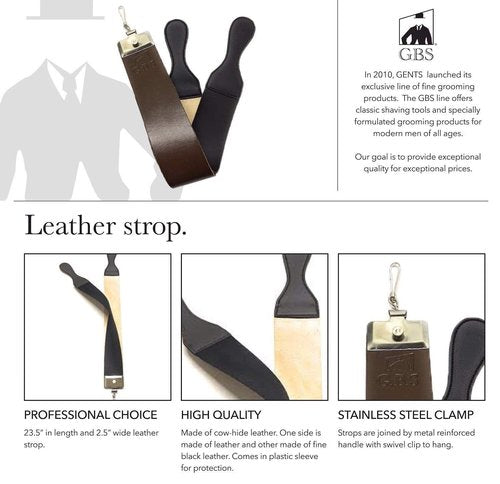 G.B.S Straight Razor Leather Strop 2.5" x 23.5" Cow Hide Dual Straps with Swivel Clip + 22 ML Strop Paste Leather Dressing to Maintain Strop - Made in USA