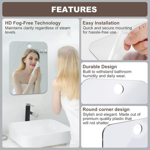 Nyosye Shower Mirror Fogless for Shaving Anti-Fog Frameless Wall Hanging Makeup,10.63" L x 7.87" W,DimGrey