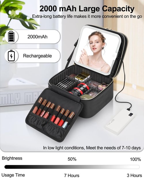 TANTO Travel Makeup Bag with LED Mirror Double Layer Makeup Case with Lighted Mirror Dual Layer Cosmetic Train Case Portable Artist Organizer Bag with Dividers and Rechargeable Vanity (Black, Small)