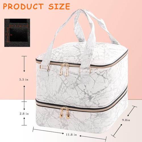 KGMCARE Nail Polish Organizer, Double Layer Nail Polish Storage Bag Carrying Case Holds 42 Bottles with Nail Dryer Lamp Portable Manicure kit supplies Organizer （White）
