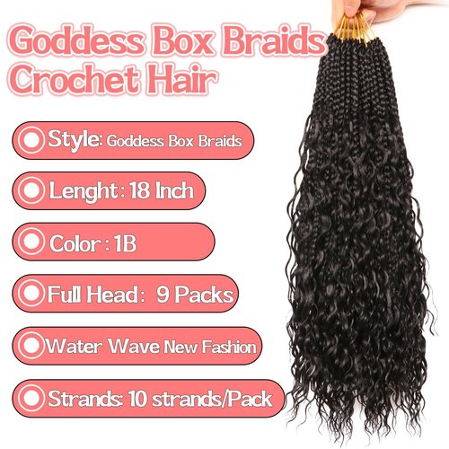 Goddess Box Braids Crochet hair -18 Inch 9 Packs Water Wave Boho Crochet Braids for Black Women (1B#, 18 Inch (Pack of 9))