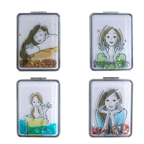 Beaufy Small Magnifying Makeup Compact Mirror Set Folding Portable Handheld Mini Rectangle Pocket Purse Mirrors Bulk with 1x/2x Magnification Floating Glitters - Gift for Women Girl Pack of 4