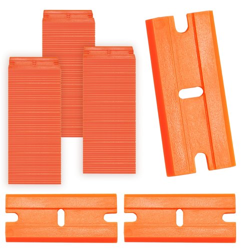 ISDVBUY 300 Pack Edged Razor Blades, Safety Scraper Blades Plastic Razor, Easy Replacement Scraper Tool for Removing Decals Stickers Labels Glass Cleaning,Orange