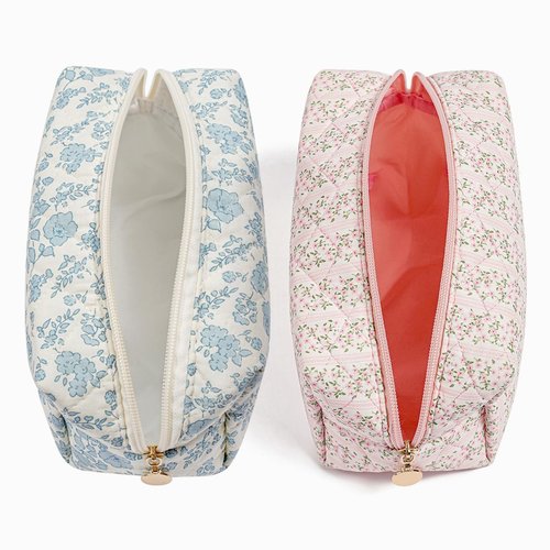 WHHJM Cute Floral Makeup Bag Small Cotton Quilted Cosmetic Bag, Aesthetic Essential Bag Emergency Bag Gift for Women Girls Travel Accessories (Two Pack: Blue + Pink Floral)