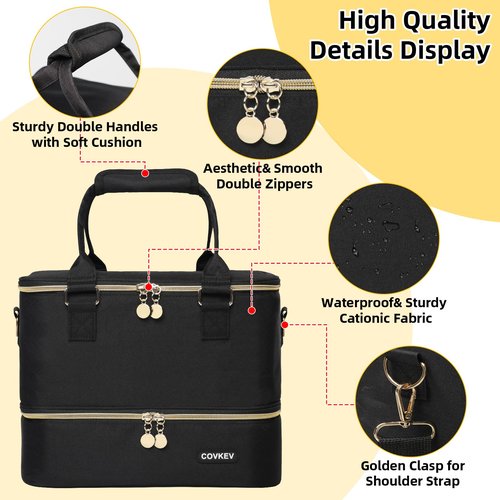 Covkev Nail Polish Organizer Hold 80 Bottles (15ml/0.5 fl.oz)& Nail Lamp, Double Layer Nail Bag Organizer Case with Handle, Large Nail Supplies& Kit Storage Case for Women Travel (Black& Golden)