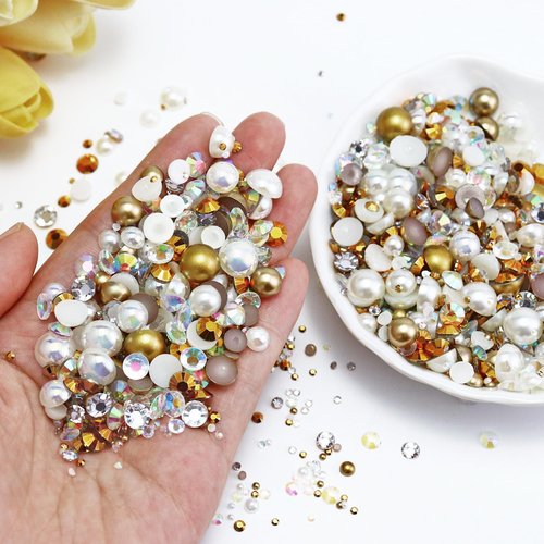 Briskbloom 60g Mix Flatback Pearls and Rhinestones for Crafts, 2-10mm Pearl Rhinestones for Nails Face Art Tumblers, Champagne Gold Blend with Tweezers Wax Pen