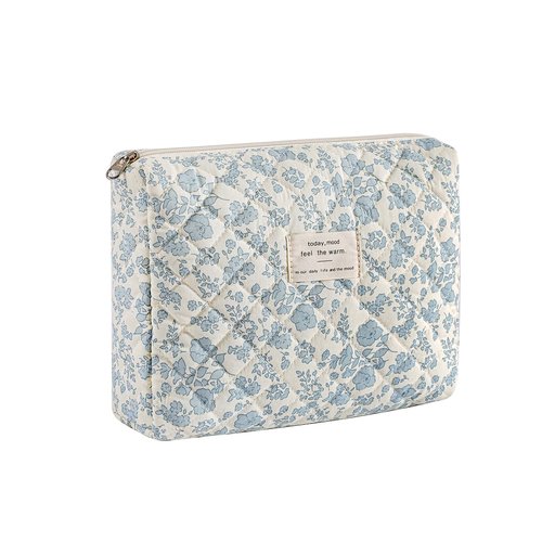 uekeboag Quilted Cotton Makeup Bag,Coquette Quilted Toiletry Bag for Women and Girls,Floral Coquette Pouch,Cute Kawaii Travel Cosmetic Bags(05Light Blue Flower)