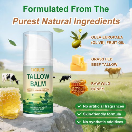 Tacruitf Beef Tallow Balm, 100% Grass Fed Beef Tallow, Whipped Moisturizer for Sensitive Skin, Handmade All-Natural Moisturizer for Soft And Smooth Skin (7 Oz, Unscented)