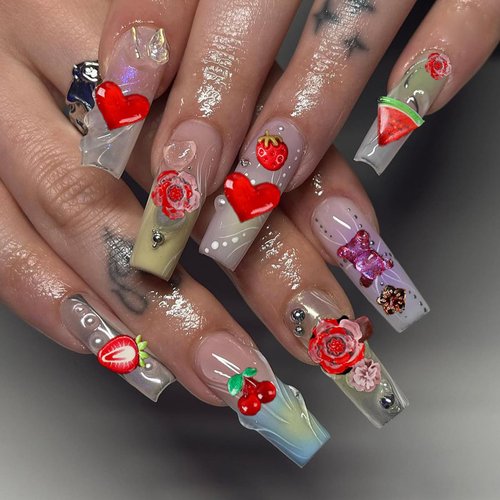 COOSLIM 150 Pieces 3D Resin Strawberries Butterfly Flower Nail Charms Rose Flower Peach Star Heart Bear Bow Cat Cherry Rhinestones Heart Pearls for DIY Nail Art Decoration Making Craft（red）