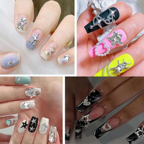 100pcs Star Charms for Nails Star Nail Charms Star Charms Y2K Nail Charms 3D Alloy Nail Stars Nail Rhinestones Nail Charms and Gems for Women and Girls Nail Design(13 Styles)