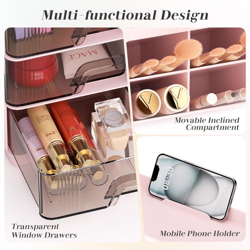 REAXYZNN Makeup Organizer with Drawers, Multi-Function Vanity Organizer Countertop, Stackable Lipstick Organizer for Makeup Brush Skincare, Pink