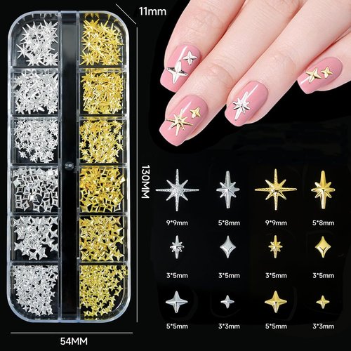 Star Cross Nail Charms - 2 Boxes Nail Star Charms Art - Y2k Silver & Gold Cross Nail Art - Metal Nail Decoration Set - Nail Studs (Star Cross Set)