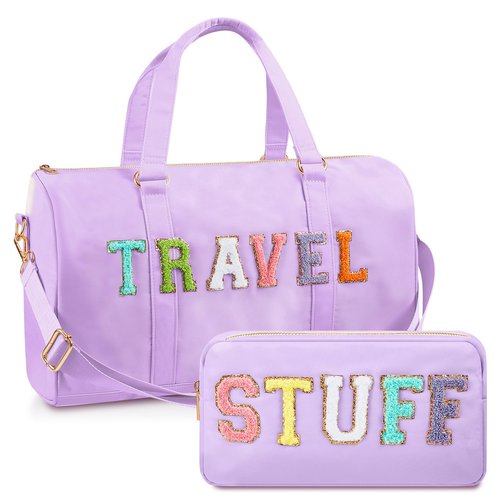Shinylin 2 Pcs Travel Preppy Duffle Bag and Chenille Letter Makeup Pouch Cosmetic Zipper Patch Weekender Carry on Tote Bag for Women(Light Purple)