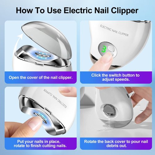 Yibosoar Electric Nail Clipper with LED Light & 3 Speeds, Fingernail Cutter and Polisher 2 in 1 Design, Nail Scraps Storage Rechargeable Safety Fingernail Trimmer for Baby Seniors and Adult