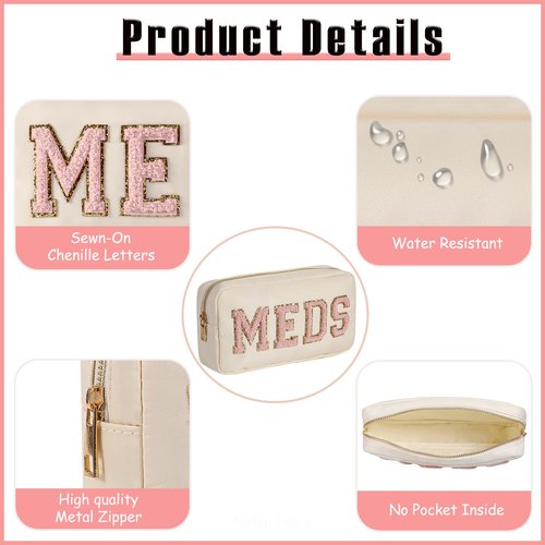 2Pcs Chenille Letter Patch Nylon Medicine Makeup Bag Set,Cute MEDS Travel Makeup Bag with Metal Zipper, First Aid Purse Organizer Cosmetic Bag for Women and Girls(Beige MEDS-RX)