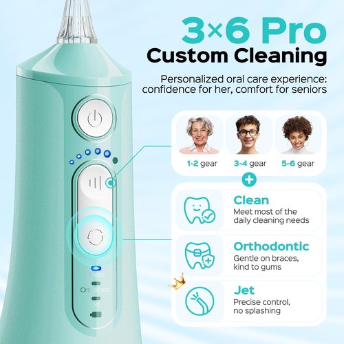 COSLUS Portable Water Flosser for Teeth: 3 Modes & 6 Pressure Settings with Jet Mode Water Dental Pick for Orthodontic, Braces, Sensitive Gums, Compact for Travel, 300ML for Multiple Users, Green C51