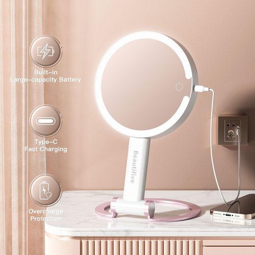 Beautifive 7" Magnifying Mirror with Light, Rechargeable Double-Sided 10X/1X Handheld Mirror with Light, Stepless Dimming Touch 3 in 1 Hand Held Mirrors for Desk Hanging, Pink Detachable Base