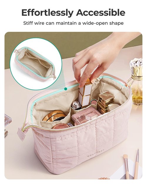 BAGSMART Makeup Bag Travel Cosmetic Bag, Puffy Padded Make Up Bags for Women Makeup Organizer Case, Wide-open Pouch Purse Travel Essentials Toiletries Accessories Brushes, Teal