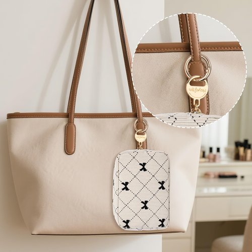 Playexen Small Makeup Bag for Purse, Corduroy Small Cosmetic Bag with Ring Buckle & Inner Pockets, Portable Bow Toiletry Makeup Pouch Purse for Travel Daily Use (Beige)