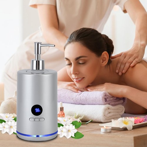 Massage Oil Warmer with 2 Bottles, Professional Electric Lotion Warmer Bottle, Digital Display, Rapid Heating, Automatic Massage Oil Heater for Salon Spa Massage (Silver)