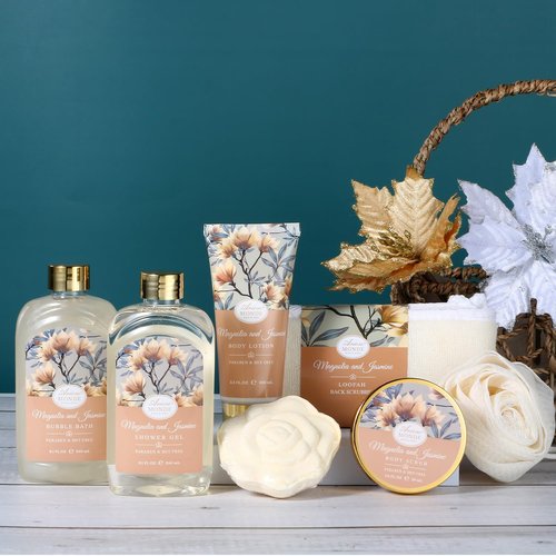 Home Spa Gift Basket, Bath Spa Kit for Women, with Body Lotion, Shower Gel, Bubble Bath, Body Scrub, Bath Salt, Bath Bomb, Bath Gift Set for Mother, Wife Her, with Magnolia and Jasmine Scent