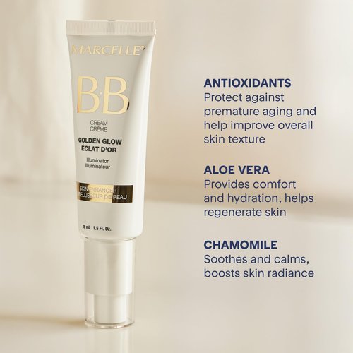 Marcelle BB Cream Golden Glow, Universal Shade, Tinted Moisturizer, Skin Enhancer, Illuminator, Beauty Balm, Non-Comedogenic, Paraben-Free, Oil-Free, Hypoallergenic, Cruelty-Free, 1.5 fl oz