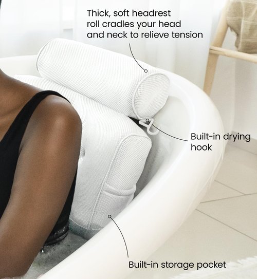 Everlasting Comfort Luxury Bath Pillows for Tub with Head and Neck Support - Non-Slip Bathtub Pillow with Suction Cups, Quick-Drying Mesh & Drying Hook - Jacuzzi & Spa Accessories for Women - White