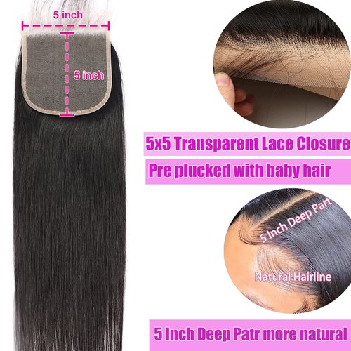 Liangya Hair 5x5 Lace Closure Hd Transparent Straight Frontal Closure 12A Virgin Remy Human Hair Closure Real Hd Transparent Lace Closure Pre Plucked With Baby Hair Natural Black Color(16inch)