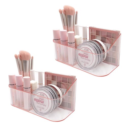 SUNFICON 2 Pack Makeup Holders Organizers Trays Cosmetic Display Case Tabletop Desktop Vanity Countertop Bathroom Wall Cabinet Medicine Storage Box Womens Ladies Girls Crystal Pink