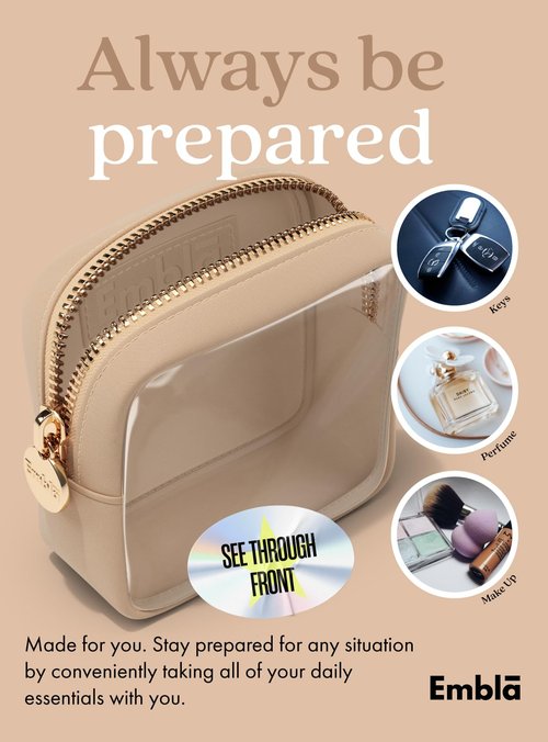 Embla London Makeup Bag Cosmetic Case, Clear Zipper Make Up Pouch and Toiletry Travel Tote, Cute Skincare Pouches for Women Girls, Preppy Purse Cosmetic Organizer, Mini Makeup Bags, Sand