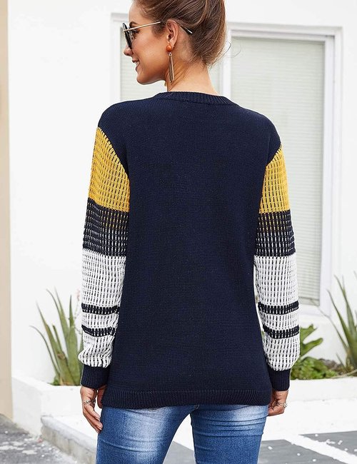koitmy Women's Cute Contrast Sleeve Knitted Pullover Sweater Navy