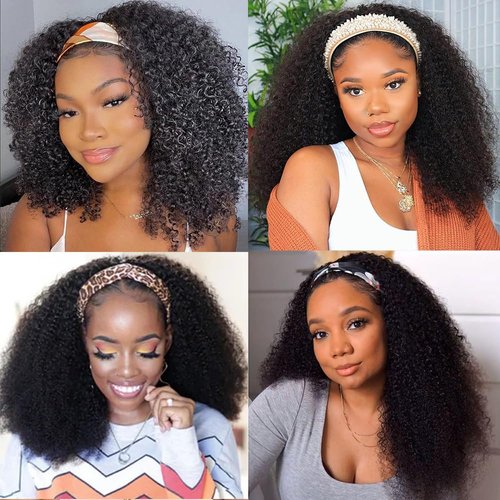 XSY Curly Headband Wig Human Hair 14 Inch Kinky Curly Headband Wigs for Black Women None Lace Front Wig 150% Density Natural Black Color