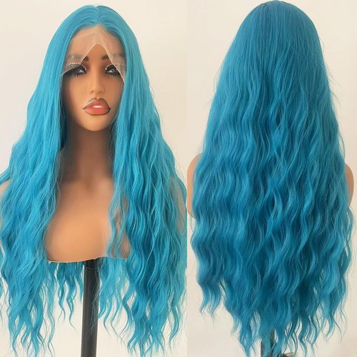 JHXAYW Glueless Blue Wavy 13×4 Lace Front Wig Synthetic Wig Heat Resistant Fiber Hair Pre Plucked Natural Hairline Curly Wig for Cosplay