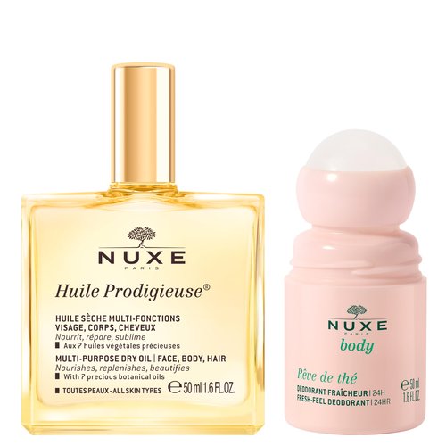 Nuxe Huile Prodigieuse Multi-Purpose Dry Oil (1.6 Fl Oz) & Rêve de Thé Aluminum-Free Deodorant (1.6 Fl Oz) Skincare Duo for Nourished Skin & Long-Lasting Freshness