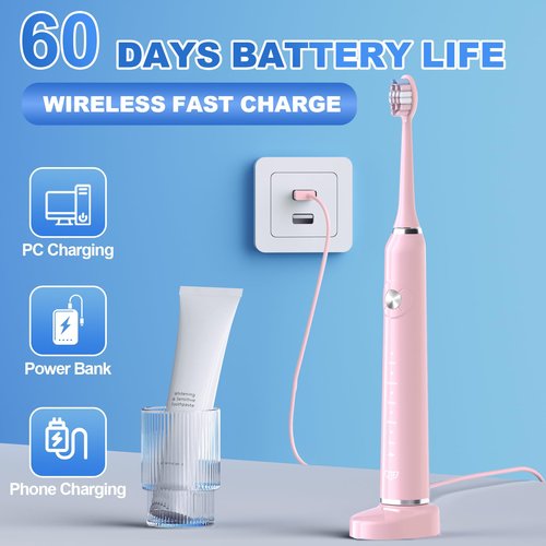 JTF Sonic Electric Toothbrush - with Travel Case and 6 Brush Heads, Fast Charging toothbrushes for 60 Days Long Lasting, 5 Modes Power Toothbrush for Women, Pink